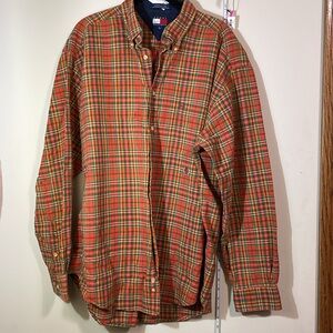 Tommy Hilfiger Men’s Large Button Collar Shirt Orange Green‎ Plaid